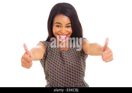 Smiling African American Woman donnant deux Thumbs up isolated on white Banque D'Images