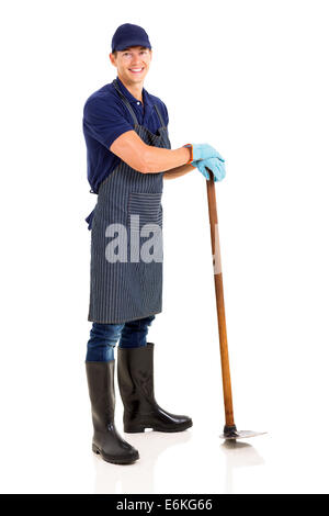 Cheerful male gardener avec une binette isolé sur fond blanc Banque D'Images