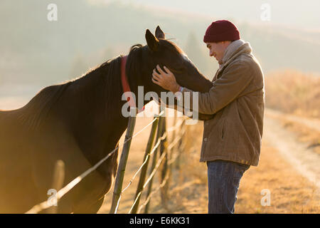 Jeune homme soins de toucher ses chevaux en hiver matin Banque D'Images