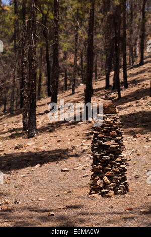 Des cairns construit par les marcheurs pour marquer le chemin sur un chemin forestier près de Ifonche à Tenerife, îles Canaries, Espagne. Banque D'Images