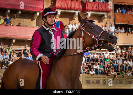 Un jockey attendent le début de course de chevaux Palio de Sienne sur la Piazza del Campo, Sienne, Toscane, Italie Banque D'Images