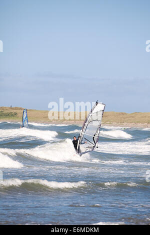 Planche à voile sur la plage de Cymyran, conseil informatique, Anglesey, au nord du Pays de Galles Banque D'Images