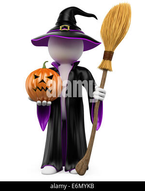 Halloween 3D les blancs. Sorcière habillée en noir et violet robe et chapeau avec une citrouille et un balai volant. Image 3d. Isoler Banque D'Images