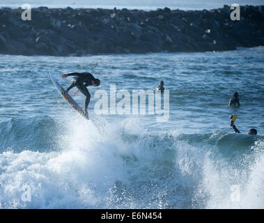 Newport Beach, Californie, USA. 25 août, 2014. Airs d'un surfer sur une vague après équitation près de la côte à l'écart mardi matin.----l'Ouragan Marie portée plus large que d'habitude surfez au filtre en coin à Newport Beach le mardi, ce qui incite les internautes à aller à la plage à la recherche d'qu'une course parfaite. © David Bro/ZUMA/Alamy Fil Live News Banque D'Images