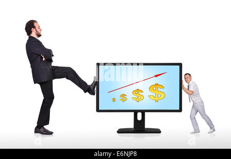 Deux businessman pushing grand tableau avec moniteur Banque D'Images