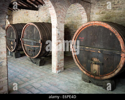 Trois grands tonneaux de vin dans la caverne Banque D'Images