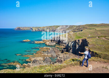 Caerthillian Cove du sentier côtier du sud-ouest de la Péninsule du Lézard en Cornouailles, Angleterre Royaume-uni Banque D'Images