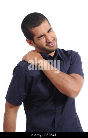 L'homme arabe plaintes avec épaulement ache isolé sur fond blanc Banque D'Images