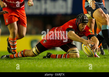 Leicester, Royaume-Uni. 29 août, 2014. Leicester Tigers contre les Cardiff Blues. Julian Salvi (Leicester Tigers) récupère le ballon sur le sol. Credit : Action Plus Sport/Alamy Live News Banque D'Images