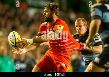 Leicester, Royaume-Uni. 29 août, 2014. Leicester Tigers contre les Cardiff Blues. Niall Morris (Leicester Tigers) transporte la balle. Credit : Action Plus Sport/Alamy Live News Banque D'Images