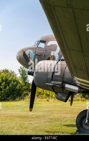 Vue de l'avant et du poste de pilotage d'un avion Dakota USAAF Douglas C 47 pris de sous l'aile Banque D'Images