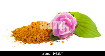 Poudre de curcuma et de fleurs isolated on white Banque D'Images