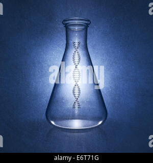 Molécule en double hélice de l'ADN en flacon de laboratoire sur fond bleu , génétique , illustration détaillée Banque D'Images