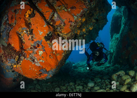 Plongée sous marine dans la grotte, l'île de Vis, Mer Adriatique, Croatie Banque D'Images