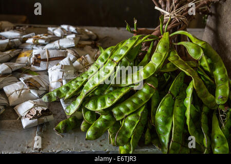 Yogyakarta, Java, Indonésie. Petai, ou Pete, Haricots, également connu sous le nom de haricots fèves puantes, Amer, ou des haricots. Cluster torsadée Banque D'Images