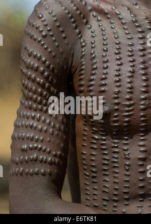 Homme Topossa à Scarifications sur son corps, Kangate, vallée de l'Omo, Ethiopie Banque D'Images