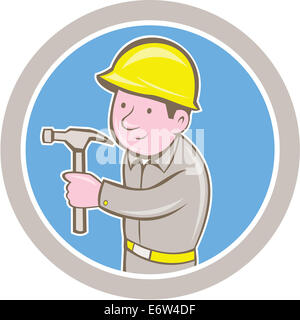 Illustration d'un Charpentier constructeur construction worker with hammer à côté de définir à l'intérieur du cercle sur fond isolé fait en style cartoon. Banque D'Images