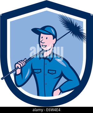 Illustration d'un ramoneur holding sweeper situé à l''intérieur de la crête de l'écran sur fond isolé fait en style cartoon. Banque D'Images