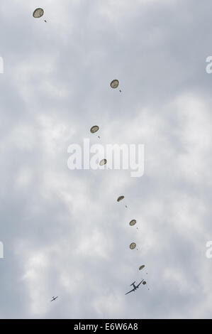 SLIAC, Slovaquie - 30 août : parachutistes sauter de l'avion pendant FAHI airshow à Sliac, la Slovaquie le 30 août 2014 Credit : Lubos Paukeje/Alamy Live News Banque D'Images