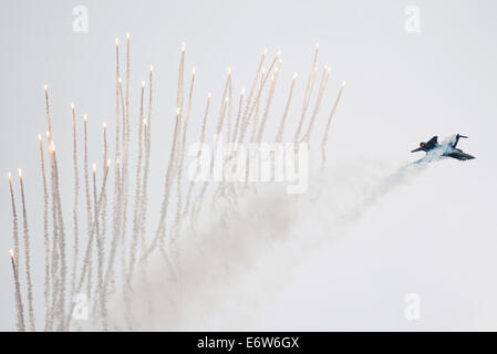 SLIAC, Slovaquie - 30 août : F-16 Falcon de la Royal Netherlands Air Force presse flares à FAHI airshow à Sliac, la Slovaquie le 30 août 2014 Credit : Lubos Paukeje/Alamy Live News Banque D'Images