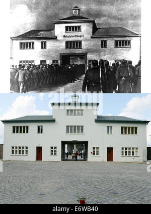 (140901) -- Francfort (Allemagne), 1 septembre 2014 (Xinhua) -- dans ce tableau d'ensemble l'un supérieur montre des prisonniers est entrée dans la tour A du camp de concentration Nazi de Sachsenhausen à Oranienburg, Allemagne (Date : avant 1945, le droit d'auteur : Stiftung Brandenburgische Gedenkst ?tten). La photo du bas montre les visiteurs marchent dans la tour A de l'ancien camp de concentration de Sachsenhausen à Oranienburg, Allemagne, le 21 août 2014. Le camp de concentration de Sachsenhausen fut construite en Oranienburg à environ 35 km au nord de Berlin en 1936 et emprisonné à propos de 220 000 personnes entre 1936 et 1945. Le site maintenant Banque D'Images