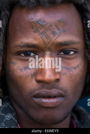Afar Tribe Homme avec les cheveux frisés et tatouages faciaux, Assayta, Ethiopie Banque D'Images
