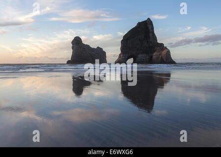 Wharariki Beach et les îles d'Archway avec réflexion, île du Sud, Nouvelle-Zélande Banque D'Images