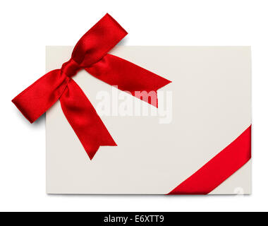 Carte vierge avec arc rouge et ruban isolé sur fond blanc. Banque D'Images