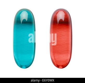 Capsule rouge et bleu comme ceux de la matrice isolé sur un fond blanc. Banque D'Images