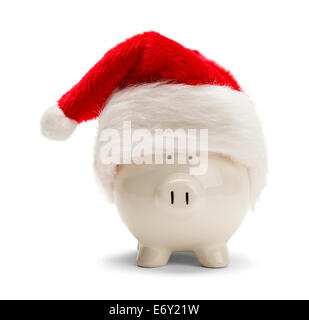 Piggy Bank With Santa Hat rouge isolé sur fond blanc. Banque D'Images