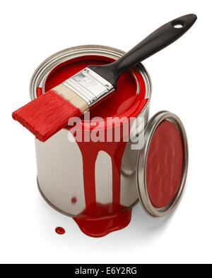 La peinture rouge renversé avec brosse isolé sur fond blanc. Banque D'Images