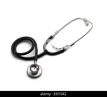 Noir et Argent stéthoscope isolé sur un fond blanc. Banque D'Images