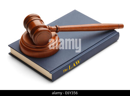 Livre de droit avec le juge Gavel isolé sur fond blanc. Banque D'Images