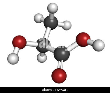 L'acide lactique (acide L-lactique) molécule de sucre de lait. La construction de l'acide polylactique (PLA) bioplastique. Présent dans le lait. Les atomes sont re Banque D'Images