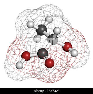 L'acide lactique (acide L-lactique) molécule de sucre de lait. La construction de l'acide polylactique (PLA) bioplastique. Présent dans le lait. Les atomes sont re Banque D'Images