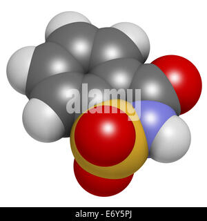 La saccharine édulcorant molécule. Les atomes sont représentés comme des sphères classiques avec codage couleur : blanc (l'hydrogène), le carb Banque D'Images