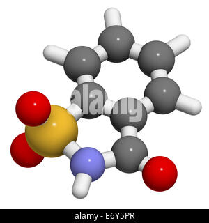 La saccharine édulcorant molécule. Les atomes sont représentés comme des sphères classiques avec codage couleur : blanc (l'hydrogène), le carb Banque D'Images