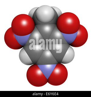 Trinitrotoluène (TNT) molécule hautement explosive. Les atomes sont représentés comme des sphères avec codage couleur classiques : l'hydrogène (blanc) Banque D'Images