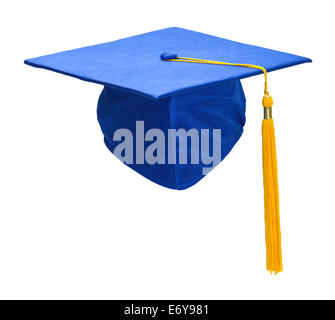 Graduation Hat bleu avec l'or Tassel isolé sur fond blanc. Banque D'Images