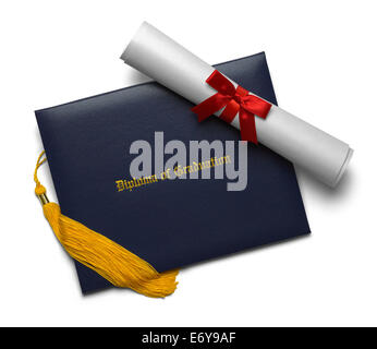 Diplôme diplôme de bleu avec couvercle et défilement Degré Tassel isolé sur fond blanc.