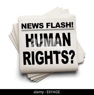 Flash info Les droits de l'homme ? News Paper isolé sur fond blanc. Banque D'Images