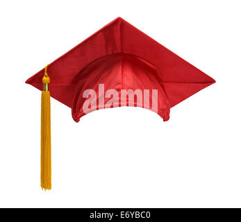 Graduation Hat rouge avec Gold Tassel isolé sur fond blanc. Banque D'Images