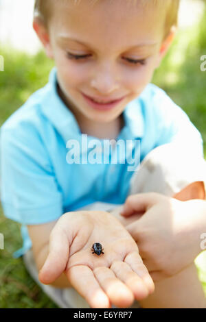 Jeune garçon avec beetle Banque D'Images