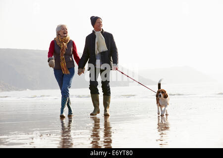 Couple le long de la plage d'hiver avec Chien Banque D'Images