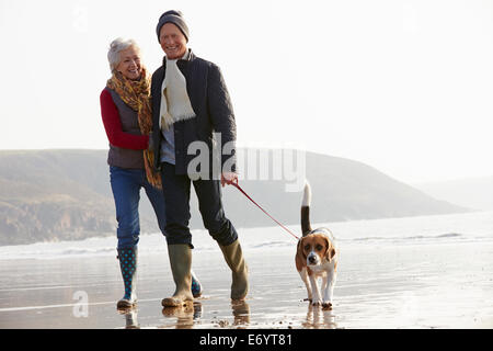 Couple le long de la plage d'hiver avec Chien Banque D'Images