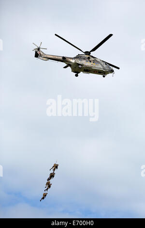Morges, Suisse, le 30 août, 2014.T-313 Super Puma en vol avec des soldats sur une corde à l'air Show à AIR14 Banque D'Images