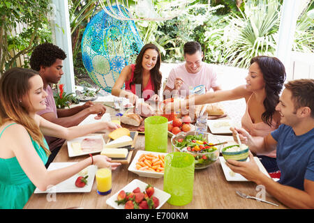 Group of Friends Enjoying Meal Outdoors At Home Banque D'Images