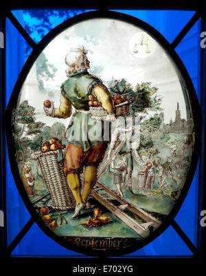 Vitraux historiques fenêtre de l'homme avec panier de pommes Les gens à la pomme récolte des fruits dans le jardin de septembre Londres R.-U. KATHY DEWITT Banque D'Images