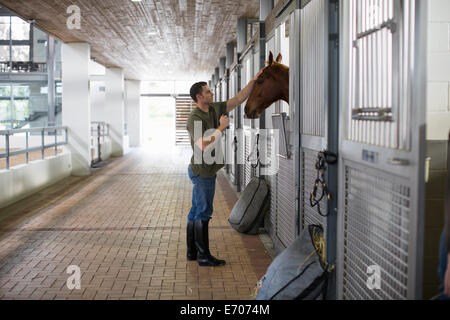 Homme stablehand petting horse en équitation Banque D'Images