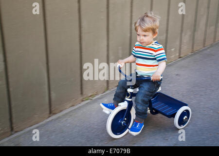 Tout-petit mâle jouant sur le jardin en tricycle Banque D'Images